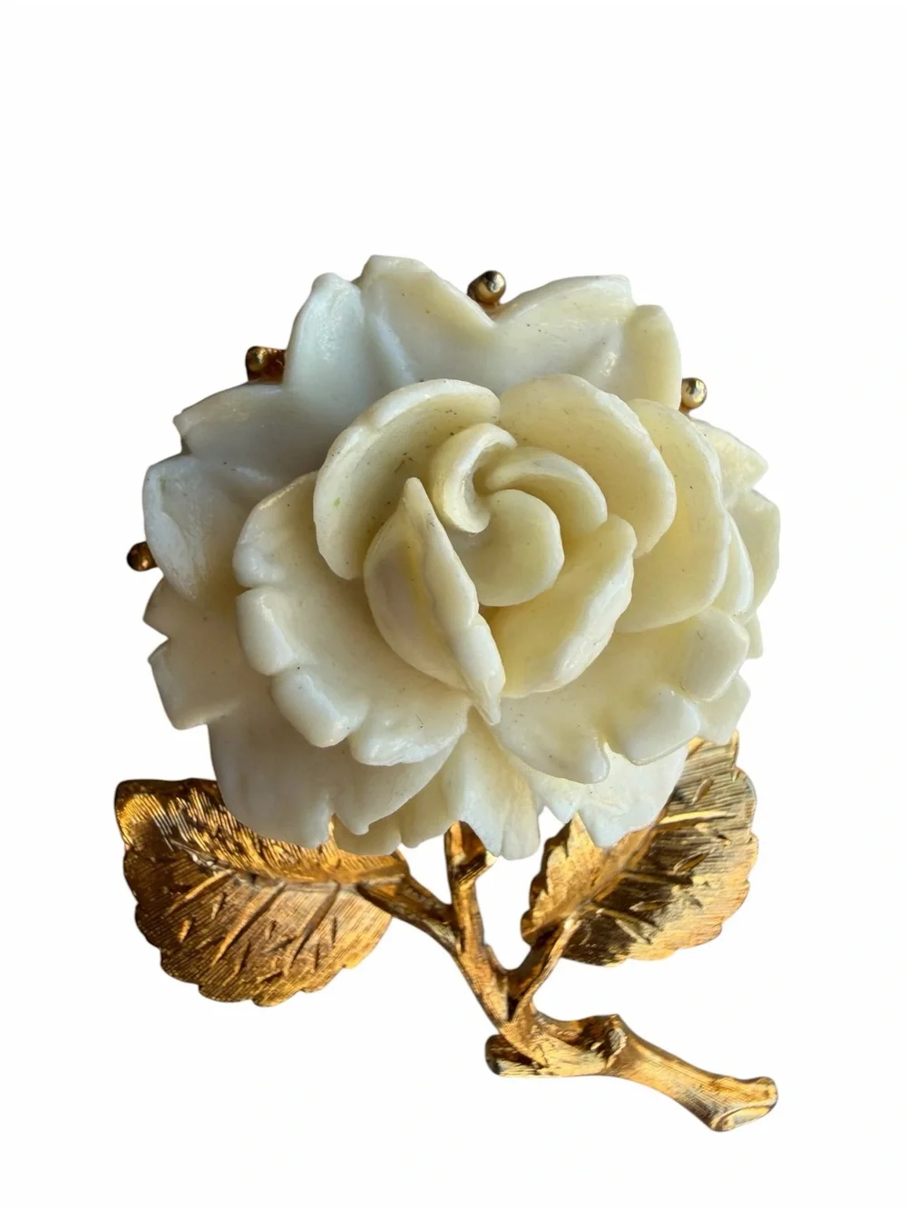 Vintage Carved Ivory Rose Brooch Textured Gold Stem Pin